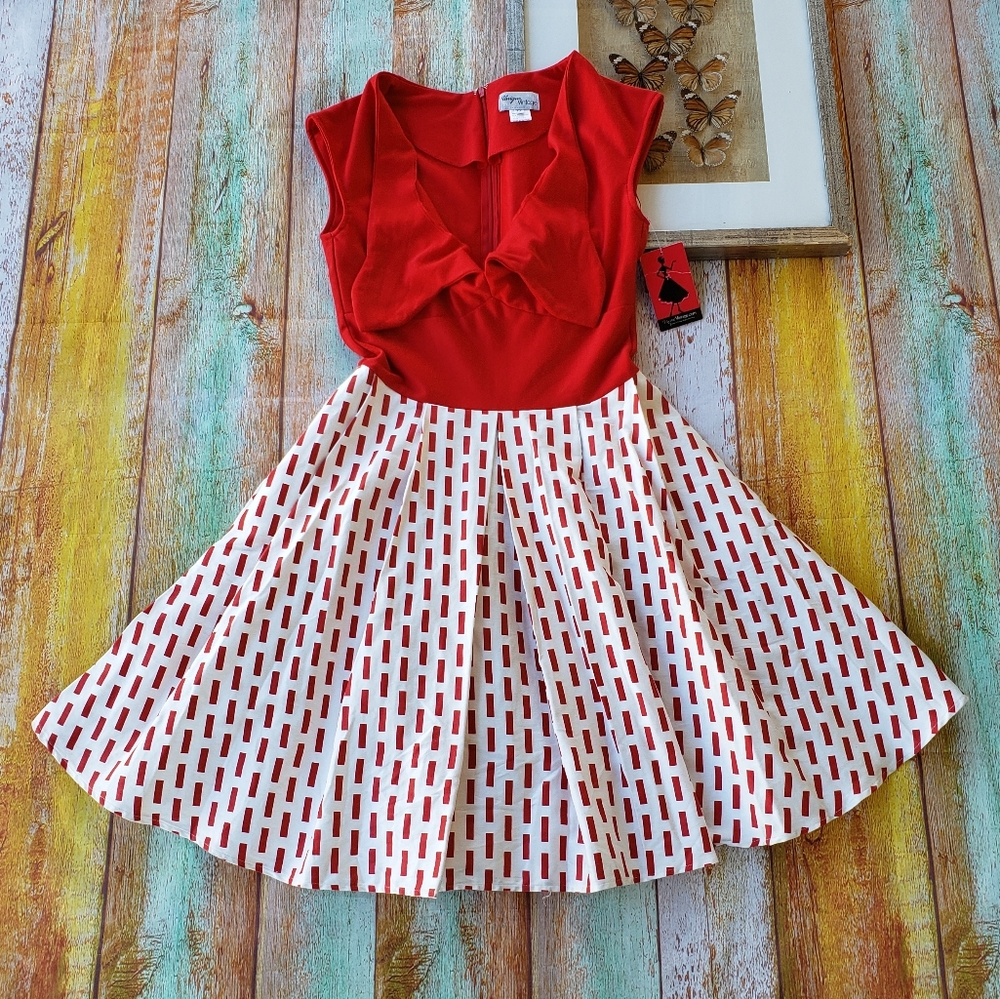 Unique Vintage Red Bodice White Skirt Fit-and-Flare Dress